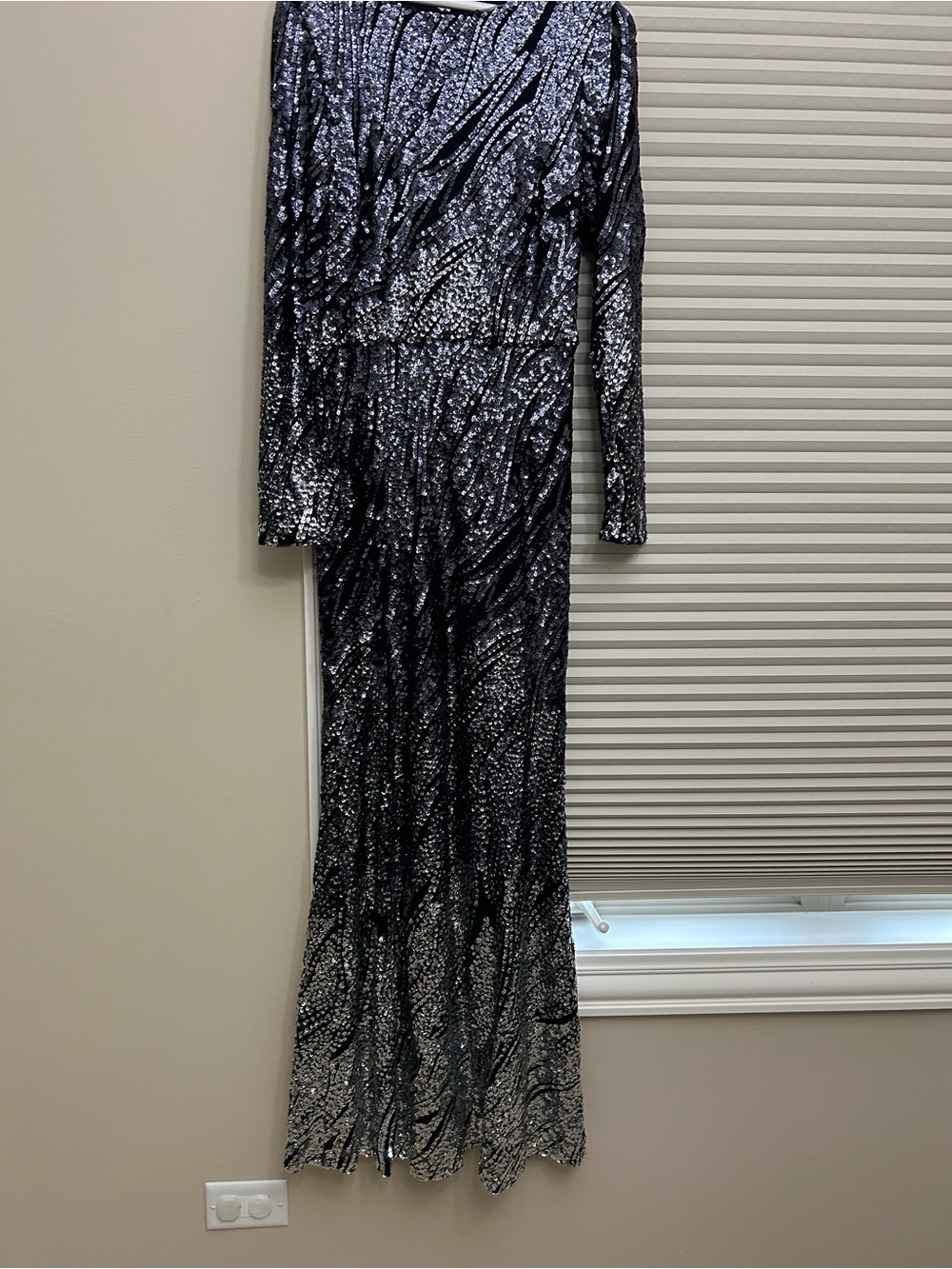 Betsy & Adam Navy Sequin Long Sleeve Gown